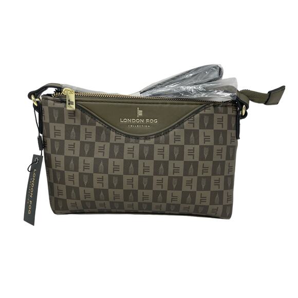 London Fog Addison Tower Signature Print Crossbody Bag Olive Green Purse NWT - Picture 1 of 7